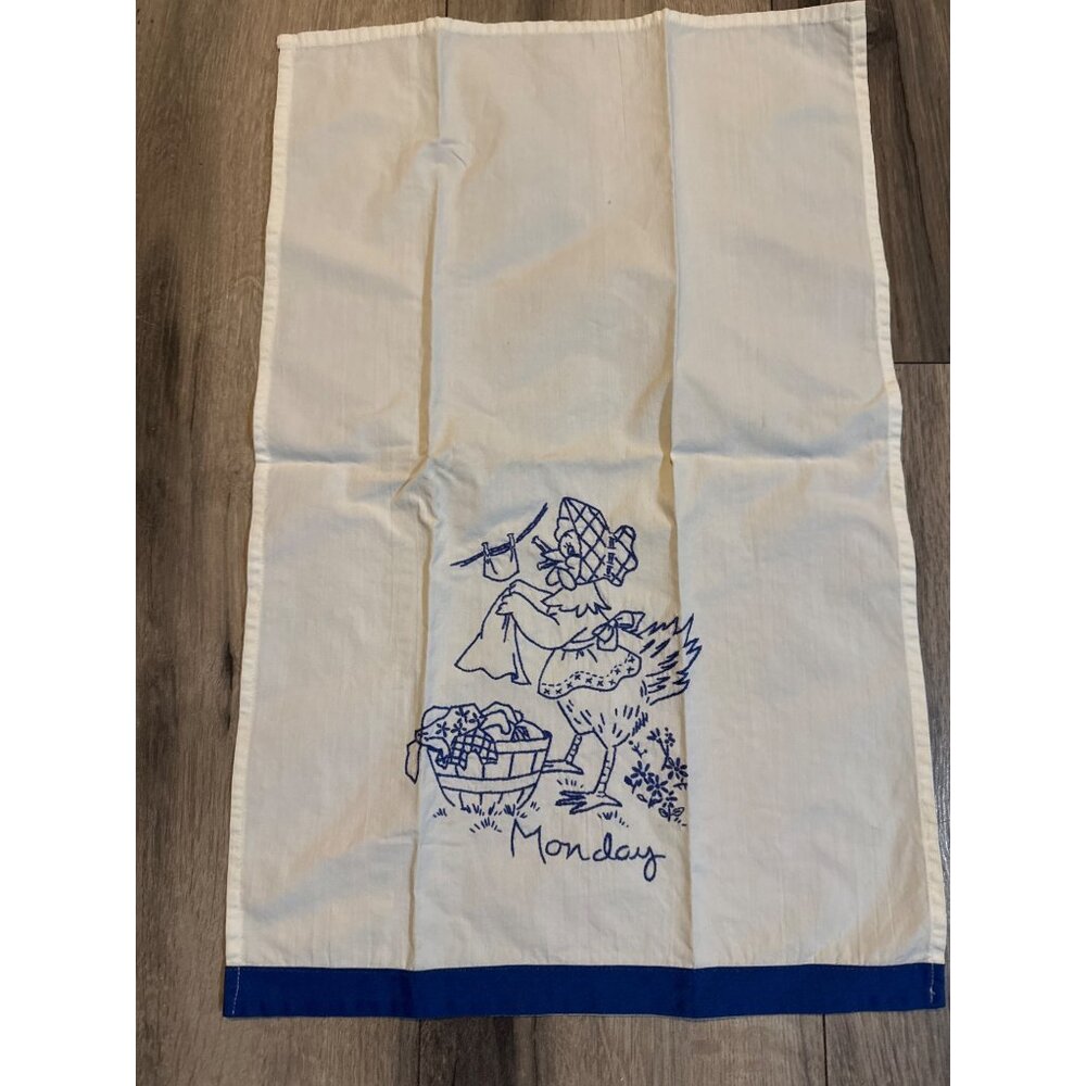 Vintage Embroidered "Monday" Chicken Laundry Kitchen Towel Cotton